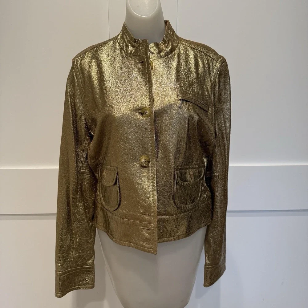 Vintage George By Mark Eisen‎ Gold Foil Goat Suede Luxe Metallic Jacket Y2K Sz L